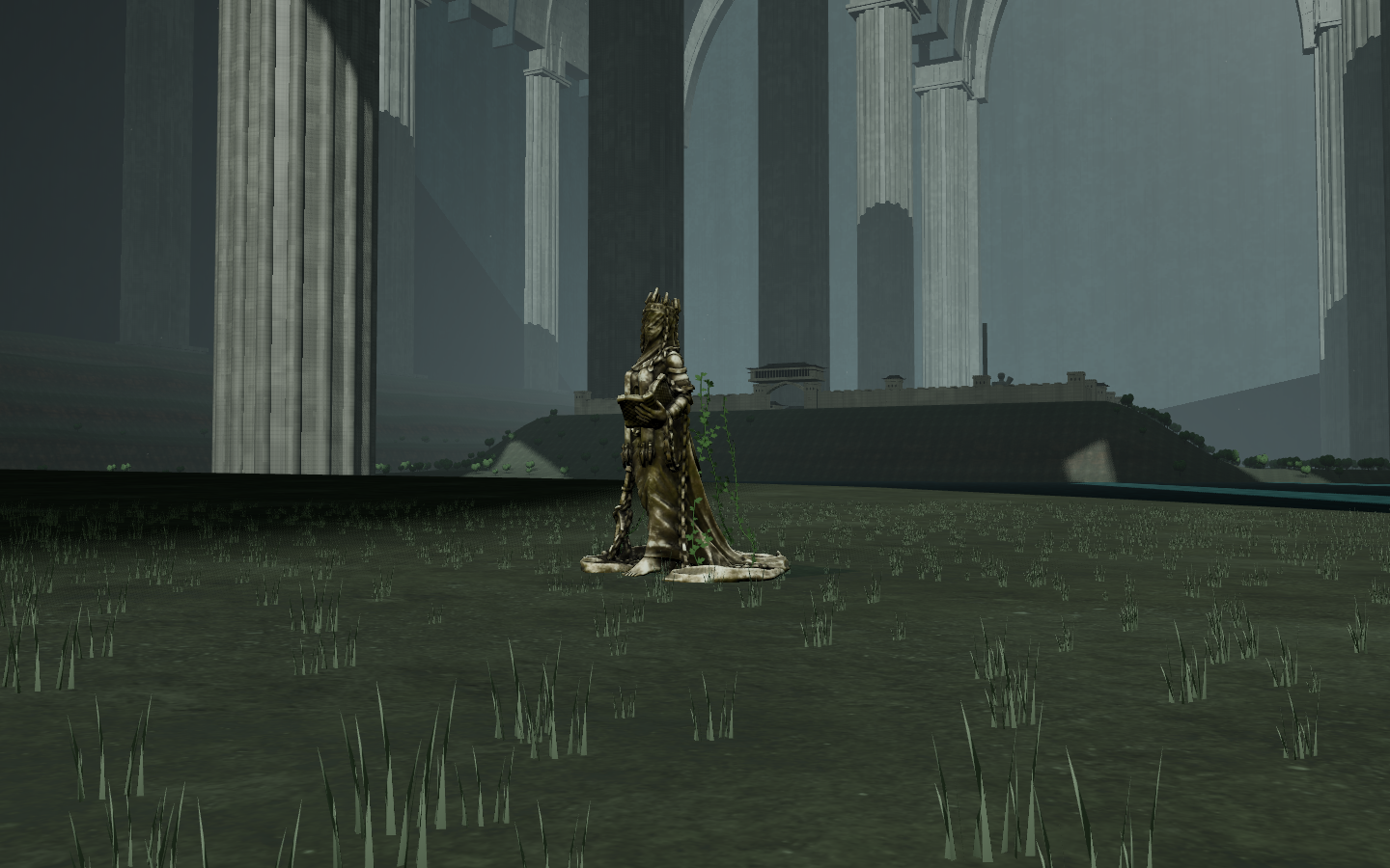 The identical view with relic statues visible.